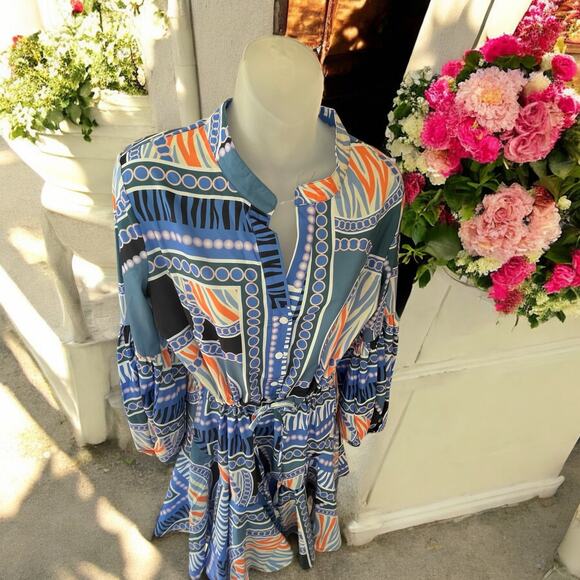 Boutique Printed Balloon Sleeve Coastal Dress Tie Waist Mini Flare Size Small - Picture 7 of 13
